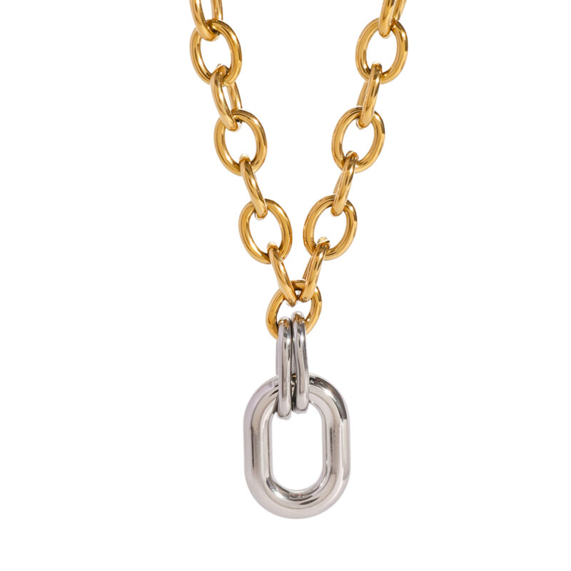 J&D 18k Gold Stainless Steel Gold and Silver Color Block Oval Polished Hollow Circle Necklaces - Image 2