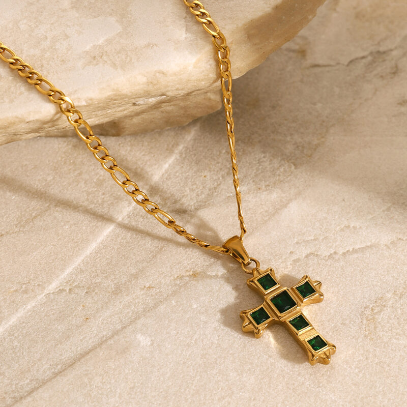 J&D Fashion Jewelry Trendy 18K Gold Stainless Steel Zircon Green White Square Zircon Cross Pendant Necklace for Women - Image 3