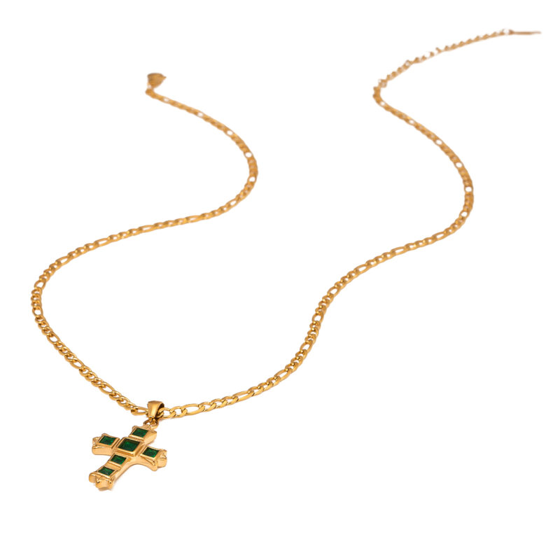 J&D Fashion Jewelry Trendy 18K Gold Stainless Steel Zircon Green White Square Zircon Cross Pendant Necklace for Women