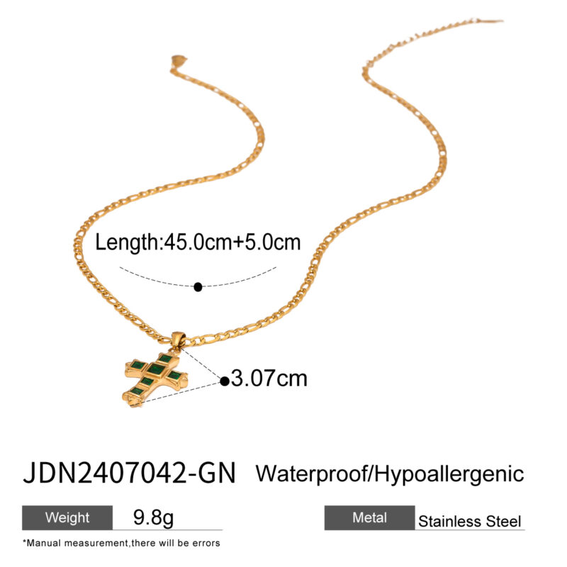 J&D Fashion Jewelry Trendy 18K Gold Stainless Steel Zircon Green White Square Zircon Cross Pendant Necklace for Women - Image 4