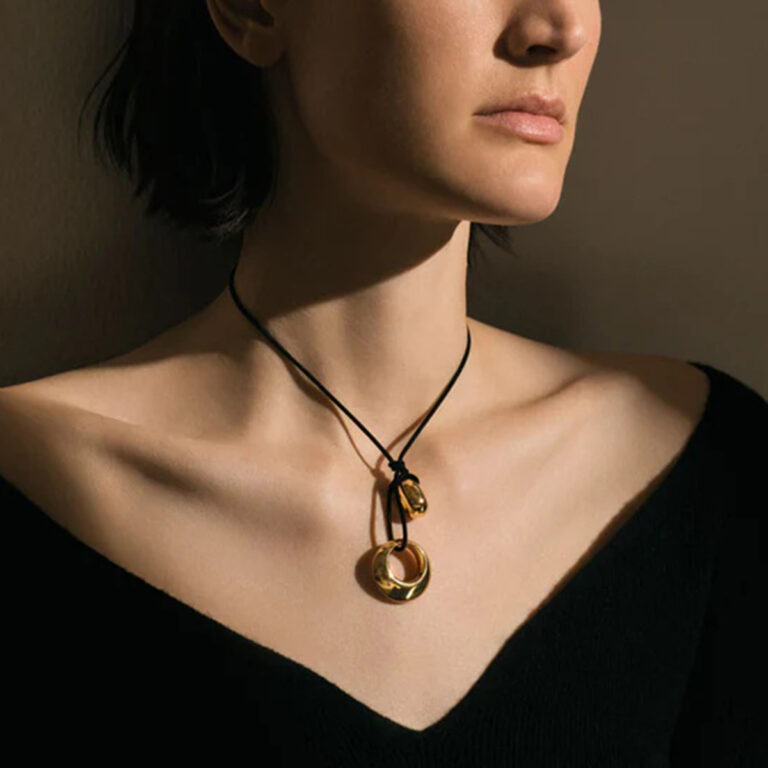 18K Gold Stainless Steel Artistic Hollow Knot Adjustable Black Cord Necklace - Image 3