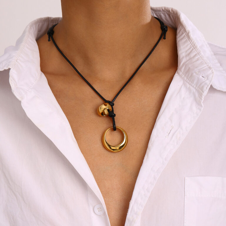 18K Gold Stainless Steel Artistic Hollow Knot Adjustable Black Cord Necklace - Image 4