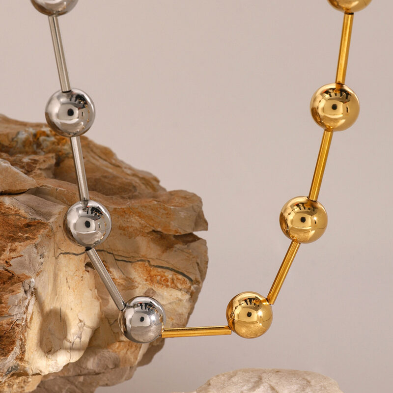 J&D 18k Gold Stainless Steel Gold Silver Color Block Steel Ball Necklace Trendy Design 47cm - Image 4