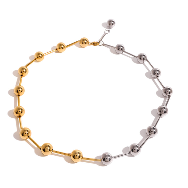 J&D 18k Gold Stainless Steel Gold Silver Color Block Steel Ball Necklace Trendy Design 47cm