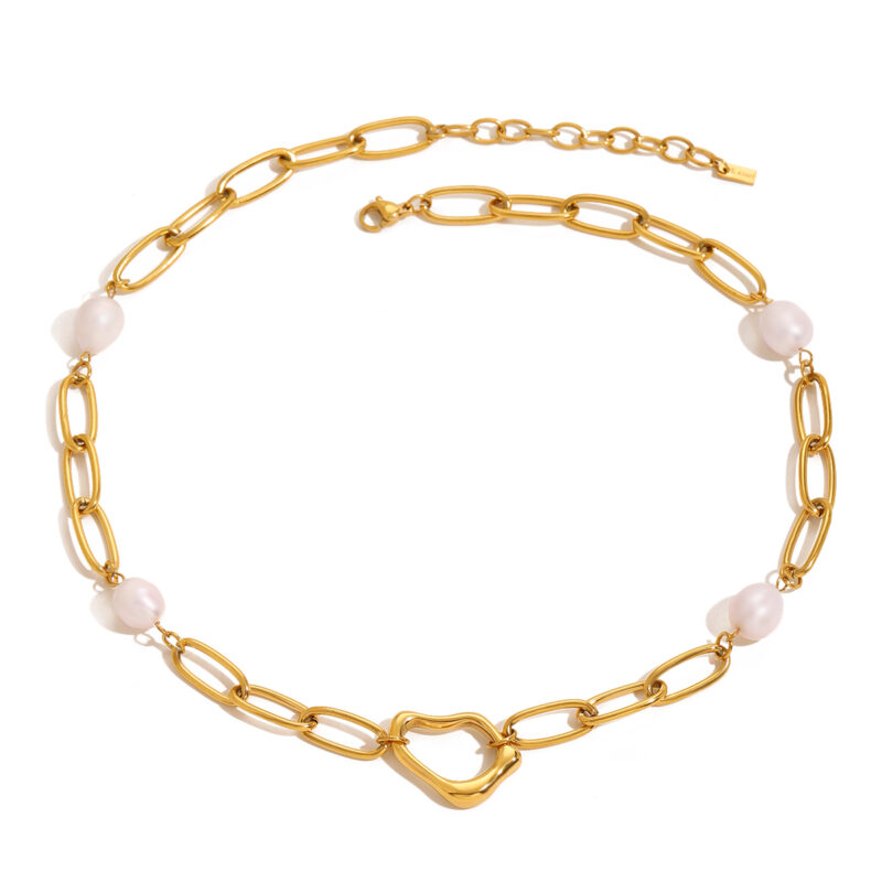 J&D Dainty 18k Gold Stainless Steel Freshwater Pearl Irregular Pendant Necklaces Bracelets Set