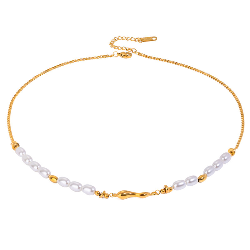 18K Gold Stainless Steel Glass Pearl Oval Pearl Smooth 45+5cm Wave Straight Women Necklace