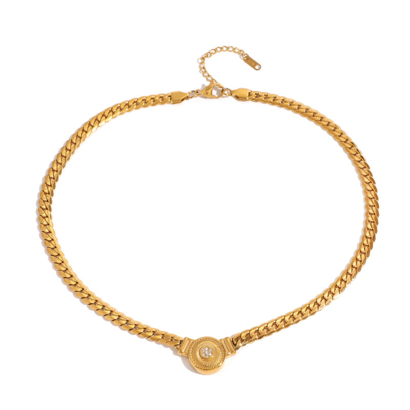 J&D 18k Gold Stainless Steel White Zircon Ribbed Round Pendant 45cm Cuban Chain Necklace Watch Chain