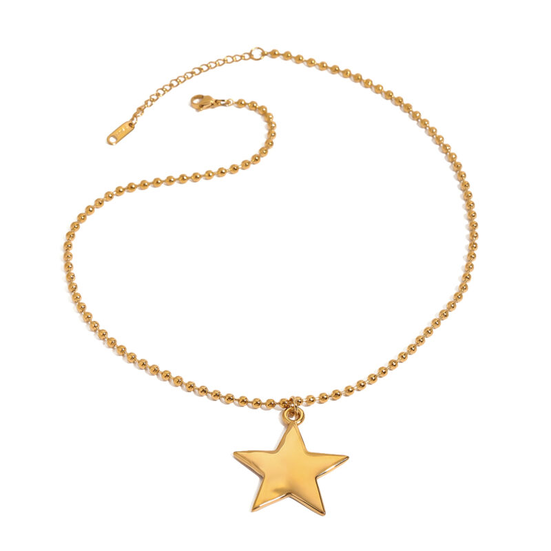 J&D Glossy Fashion Statement Jewelry 18K Gold Stainless Steel Five-Pointed Star Pendant Beaded Necklace