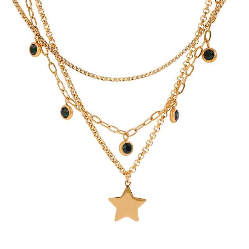 Youthway Vintage Green Rhinestone Star Pendant Three Layers Necklace For Women Statement Waterproof Jewelry Gold Plated Gift