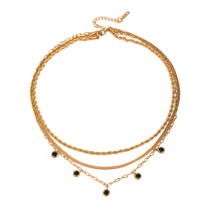 Youthway New Arrival Vintage Elegant Multi-layer Chain Green Rhinestone Necklace Waterproof Anti Allergic Jewelry Women Party
