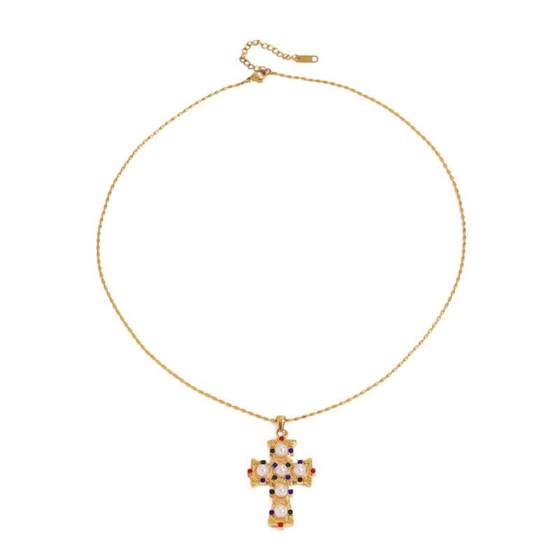 Youthway New Design Gold Plated Stainless Steel Imitation Pearl Colorful Zircon Cross Pendant Necklace Waterproof Unisex Jewelry