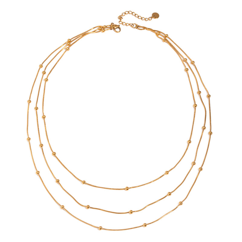 J&D Triple Layer Beaded Chain Necklace 18k Gold Plated Stainless Steel Simple Minimalist Modern Design