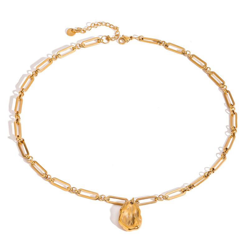 18k Gold Stainless Steel Simple Hammered Special Shaped Steel Bead Pendant Necklace 42+5cm