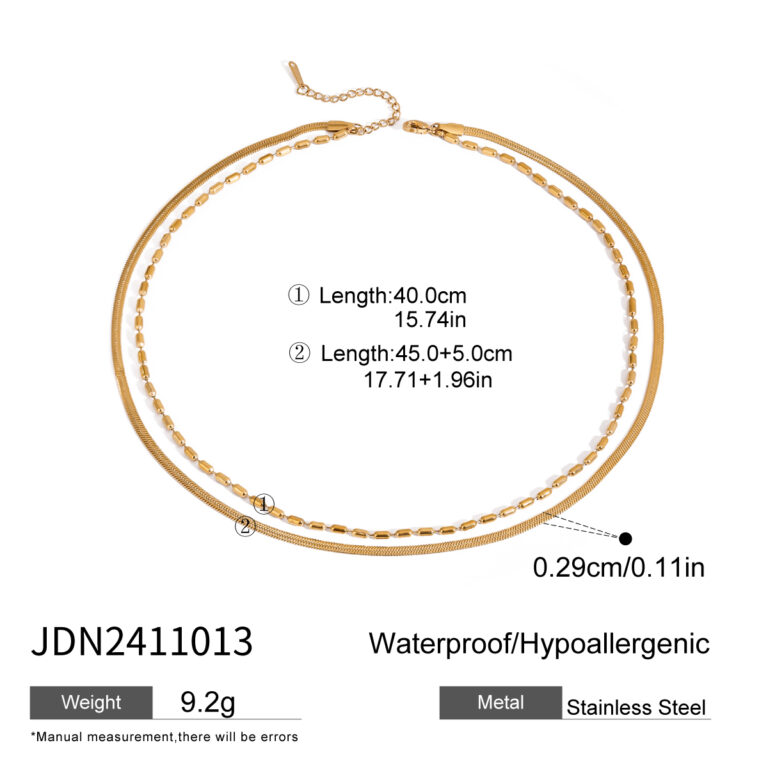 18K Gold Stainless Steel Double Layer Rice Bead & Blade Chain Necklace - Image 5