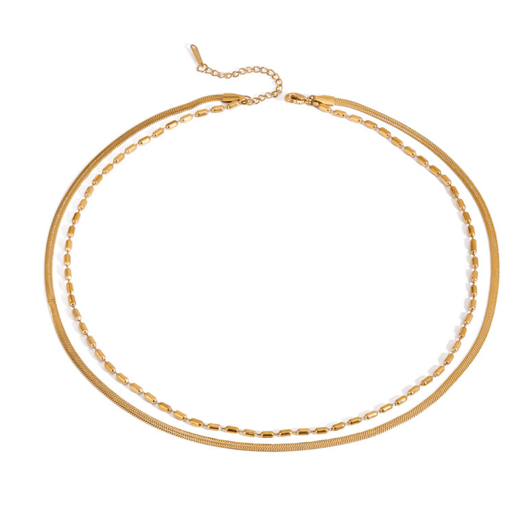 18K Gold Stainless Steel Double Layer Rice Bead & Blade Chain Necklace