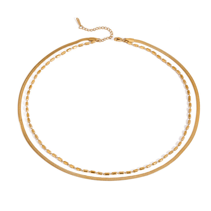18K Gold Stainless Steel Double Layer Rice Bead & Blade Chain Necklace