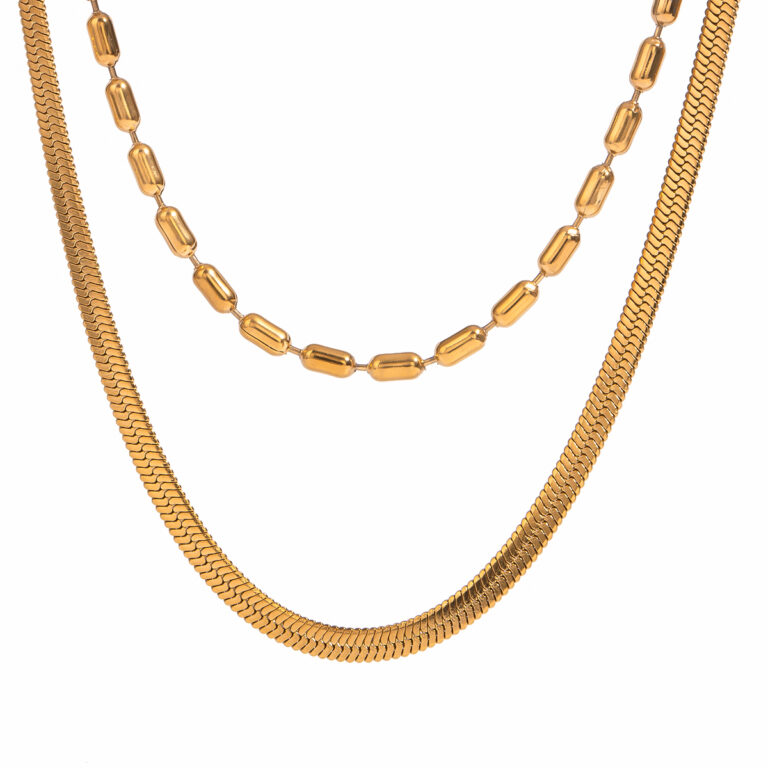 18K Gold Stainless Steel Double Layer Rice Bead & Blade Chain Necklace - Image 2