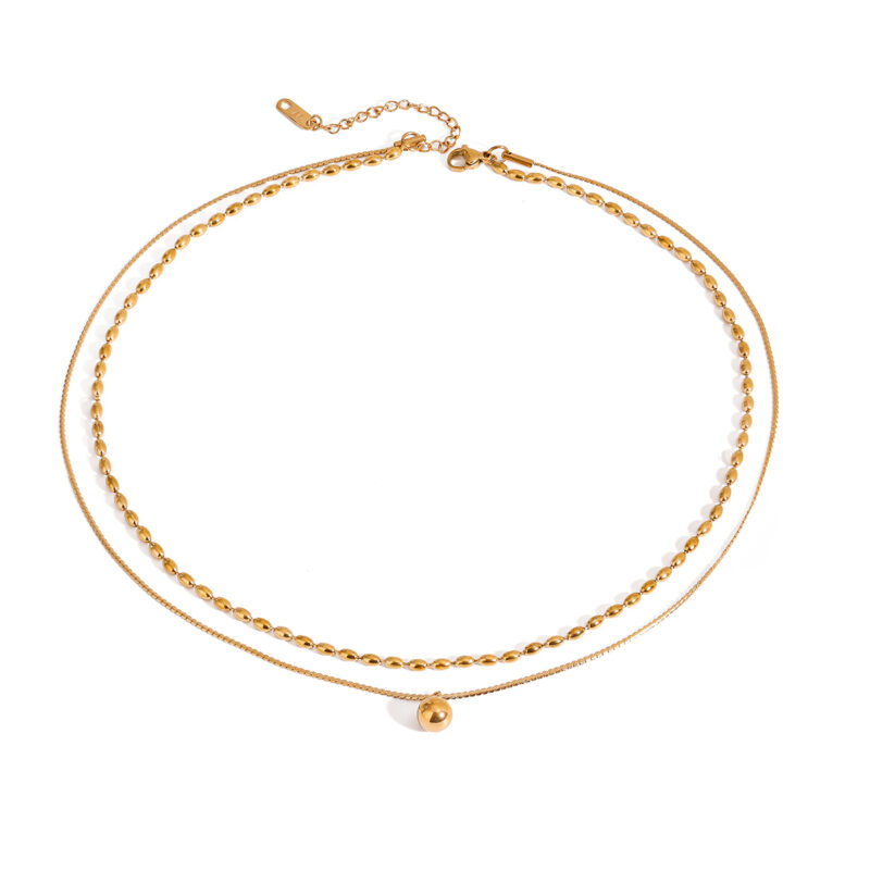 18k gold stainless steel/smooth small steel ball pendant rice ball chain double-layer necklace 40/45+5cm