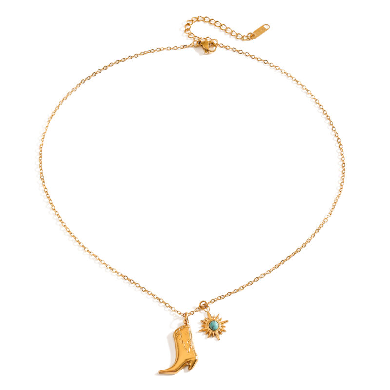 18k gold stainless steel + turquoise/turquoise star inlaid + patterned boot pendant necklace 42+5cm