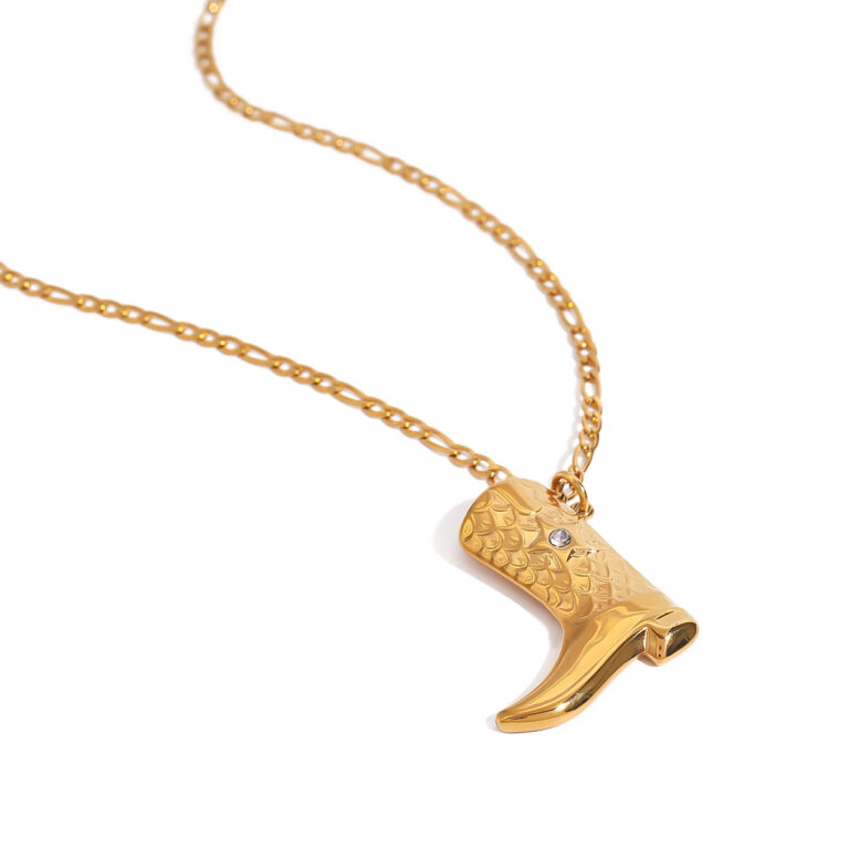 18K Gold Diamond Star Boot Pendant Figaro Chain Necklace - Image 2