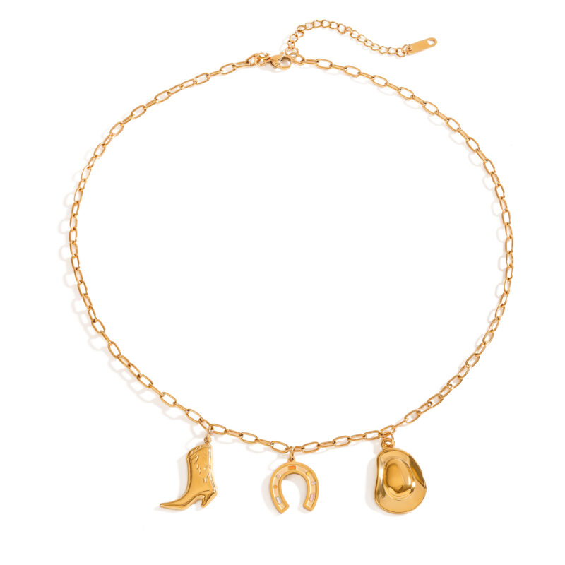 J&D Horseshoe Hat and Boots Pendant Necklace for Women 18k Gold Plated Stainless Steel Western Style Chain 45+5cm