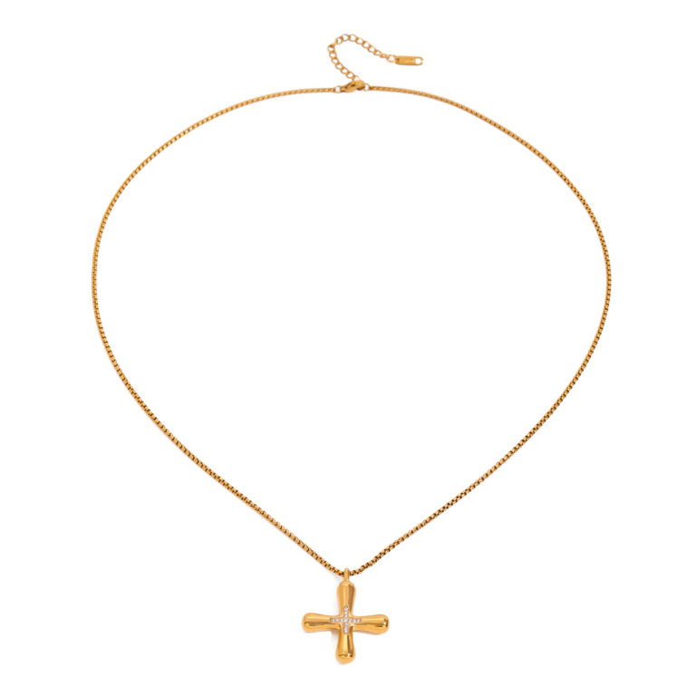 JD Designer 18K Gold White Zircon Greek Cross Pendant Pearl Chain Necklace