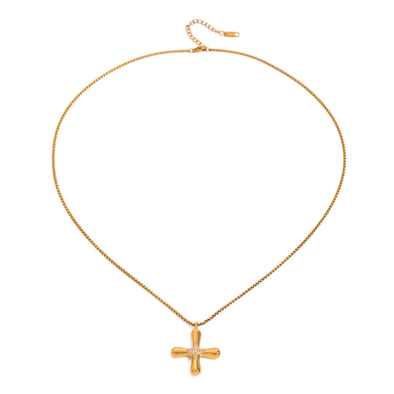 JD Designer 18K Gold White Zircon Greek Cross Pendant Pearl Chain Necklace