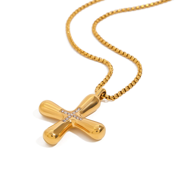 JD Designer 18K Gold White Zircon Greek Cross Pendant Pearl Chain Necklace - Image 2