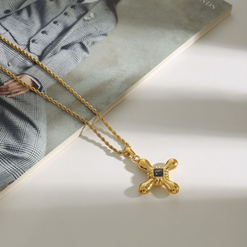 Youthway High Quality 18K Gold Plated Stainless Steel Dark Grey Rhinestone Smooth Cross Pendant Necklace Waterproof Jewelry New - Image 2