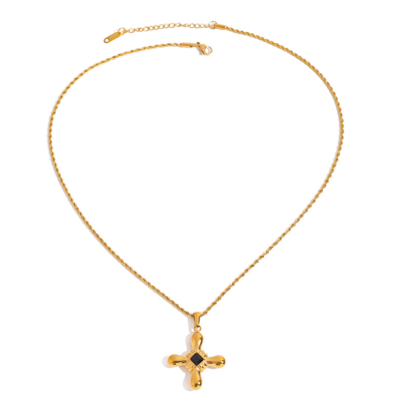 Youthway High Quality 18K Gold Plated Stainless Steel Dark Grey Rhinestone Smooth Cross Pendant Necklace Waterproof Jewelry New
