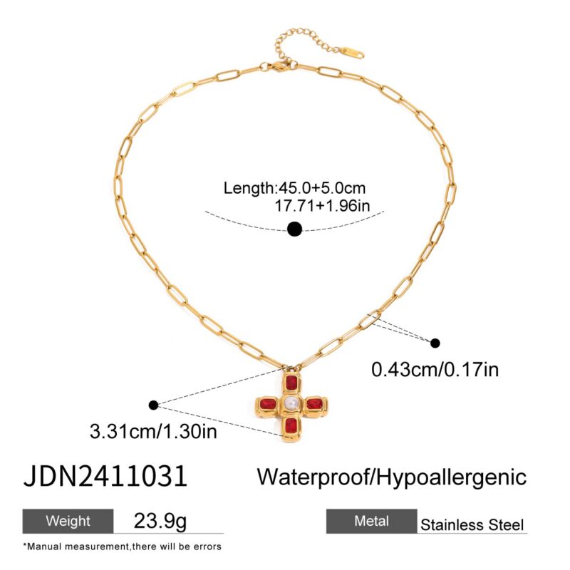 Youthway New Design Trendy Vintage Gold Plated Stainless Steel Red Zircon Imitation Pearl Cross Pendant Necklace Women Jewelry - Image 6