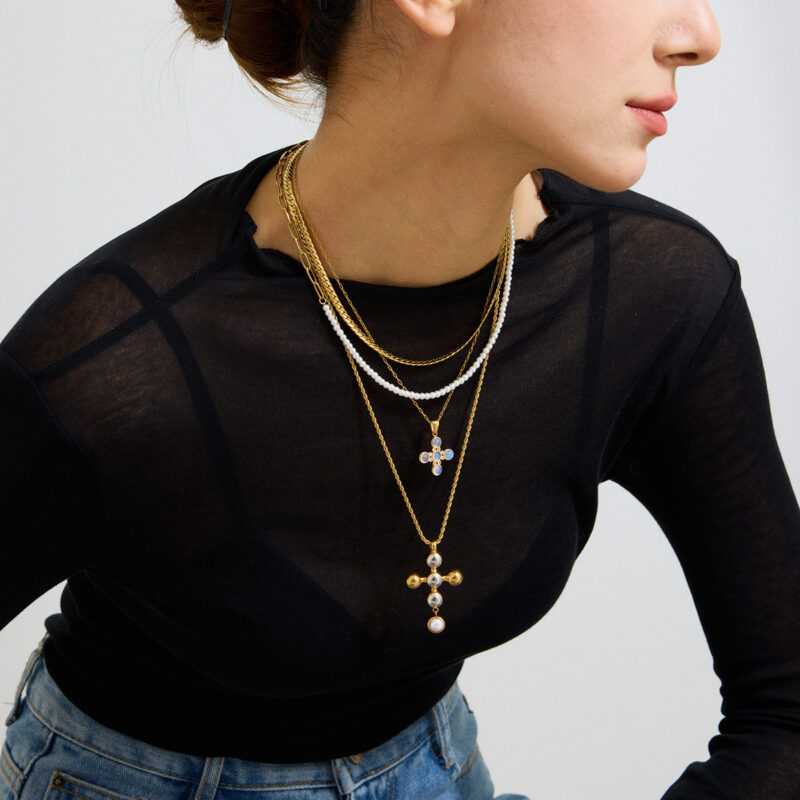 Youthway High Quality Minimalist 18K Gold Plated Stainless Gold&Silver Glass Pearl Cross Pendant Necklace Women Fashion Jewelry - Image 4