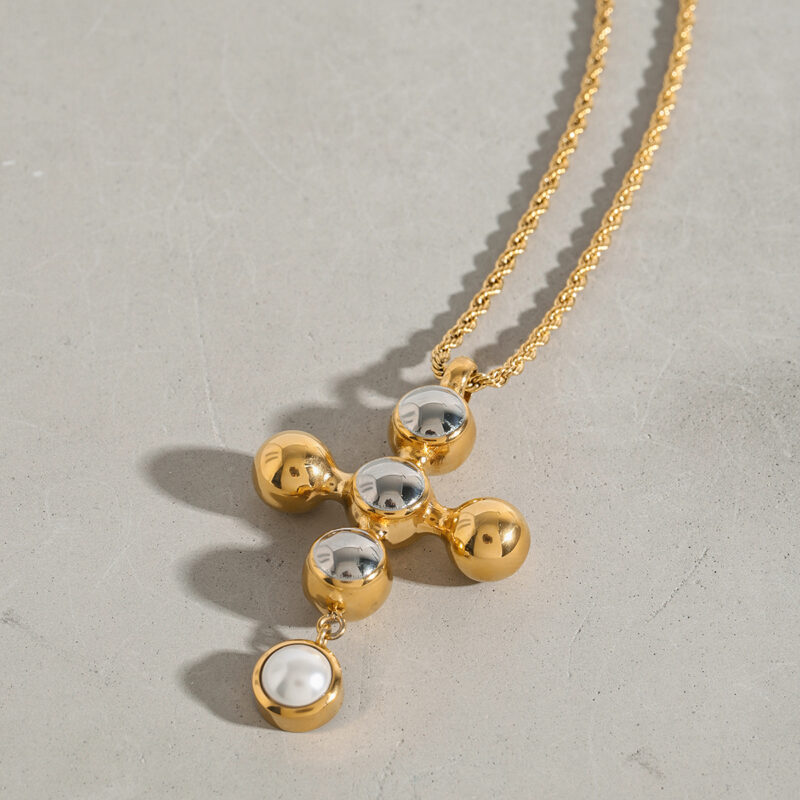 Youthway High Quality Minimalist 18K Gold Plated Stainless Gold&Silver Glass Pearl Cross Pendant Necklace Women Fashion Jewelry - Image 3