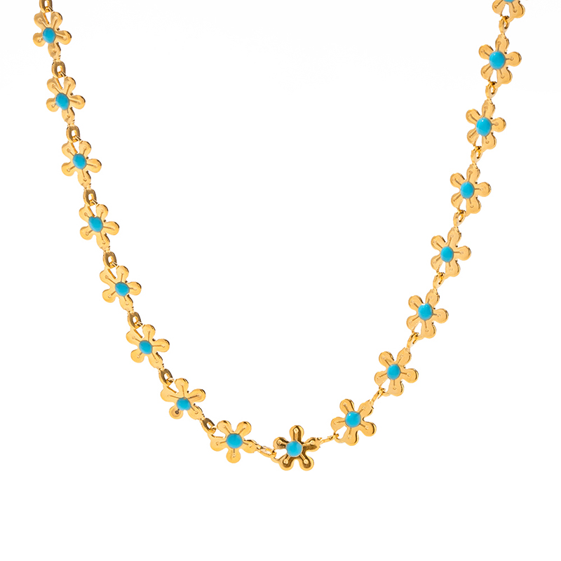 Ins Popular Stainless Steel Flower Shape Chain Light Blue Oil Dripping Enamel Flower Charm Bracelet Necklace