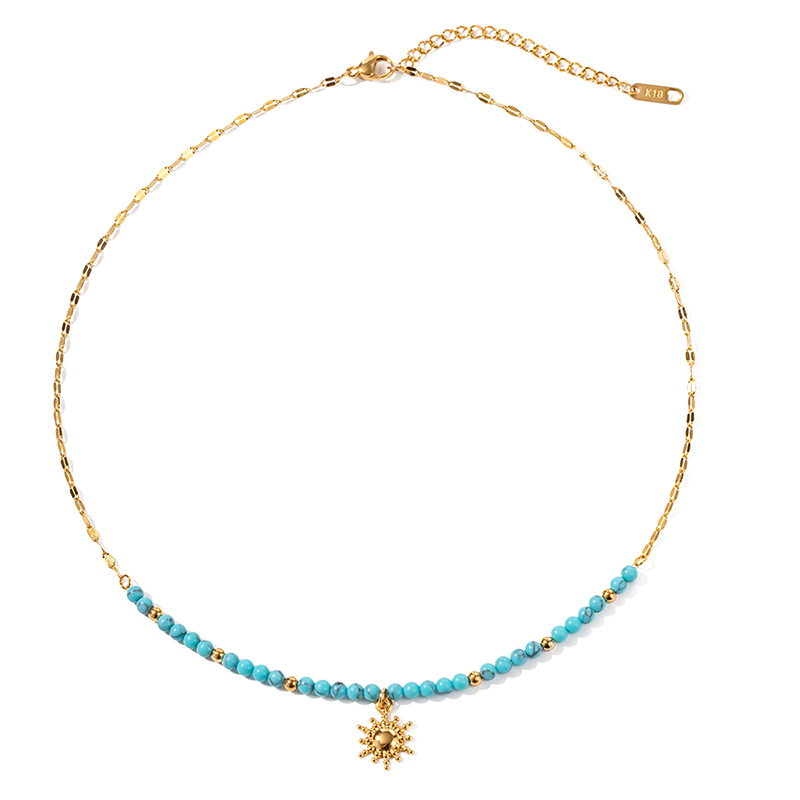 Ins Popular Bohemian 18K Gold Plated Turquoise Oval Chain Gemstone Beaded Sun Pendant Necklace for Girls