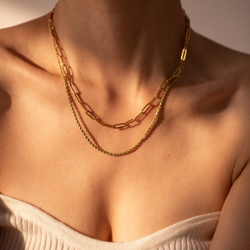 18K Gold Stainless Steel Paperclip & Rope Chain Double Layer Necklace - Image 4