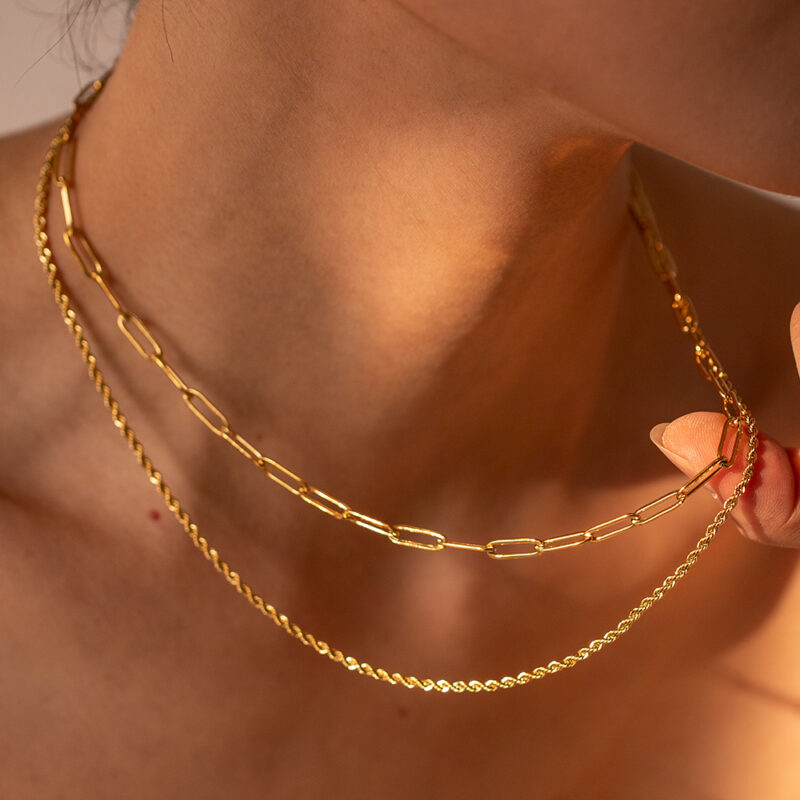 18K Gold Stainless Steel Paperclip & Rope Chain Double Layer Necklace - Image 3
