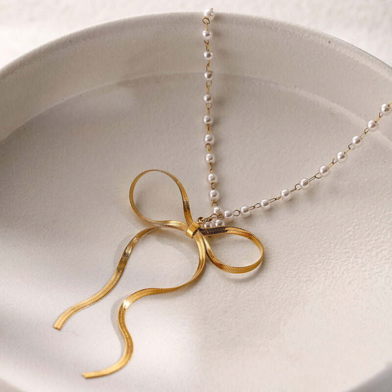 J&D Jewelry 18K PVD Gold Plated Stainless Steel Rosary Pearl Necklace Bow Pendant Necklace for Women - Image 3
