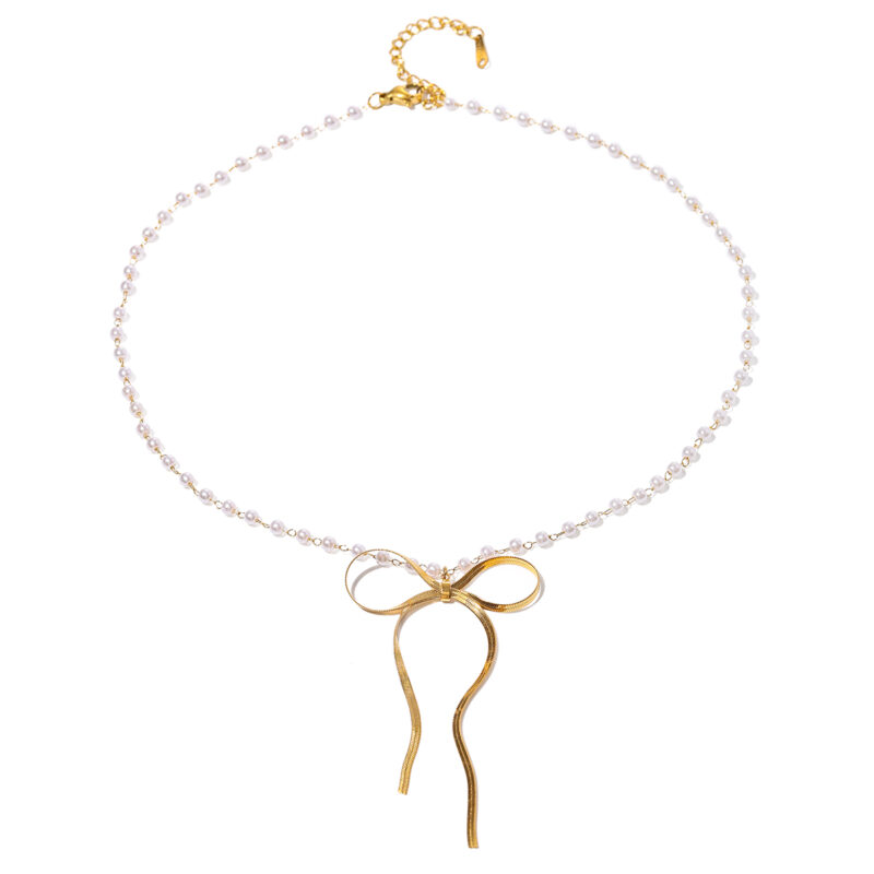 J&D Jewelry 18K PVD Gold Plated Stainless Steel Rosary Pearl Necklace Bow Pendant Necklace for Women