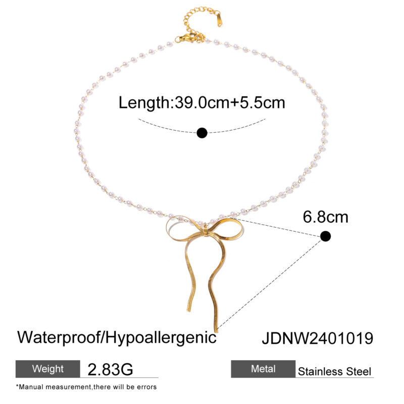 J&D Jewelry 18K PVD Gold Plated Stainless Steel Rosary Pearl Necklace Bow Pendant Necklace for Women - Image 5