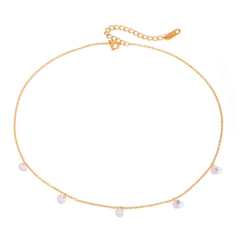 J&D Jewelry Waterproof Simple Thin Necklace Stainless Steel Link Chain Crystal Stone Drop Necklaces