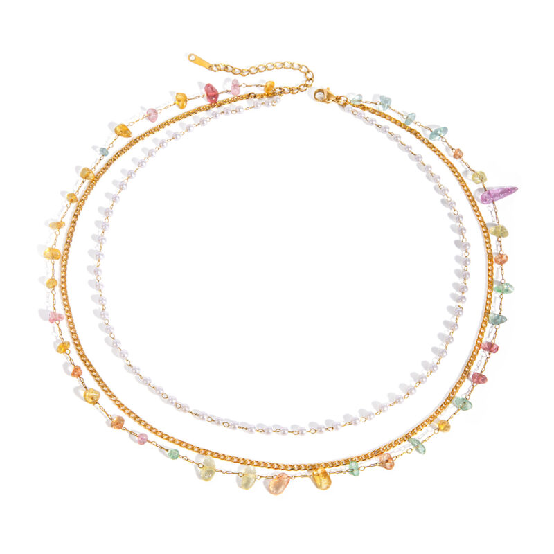 J&D Hot Waterproof 18K Real Gold IP Plated Stainless Steel Layer Necklace Glass Pearl Natural Stone Necklace Holiday Decoration