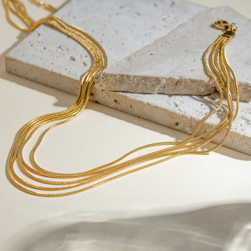 J&D 18K Gold Plated Stainless Steel Link Chain Necklace Multi-Layer Snake Style Trendy 40+41+42+43+44+5cm for Anniversaries - Image 2