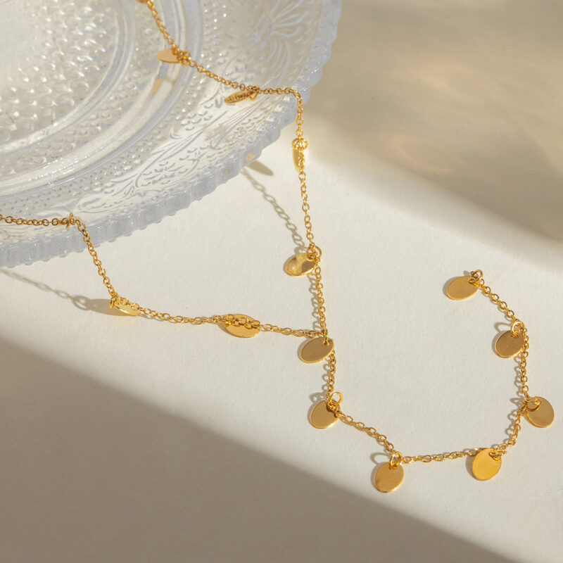 Simple Fashion Jewelry 18K Gold Plated Stainless Steel Link Chain Y Shape Oval Disc Charm Pendant Necklace - Image 2