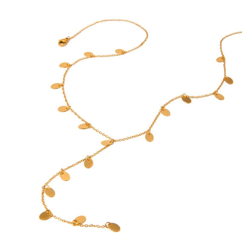 Simple Fashion Jewelry 18K Gold Plated Stainless Steel Link Chain Y Shape Oval Disc Charm Pendant Necklace