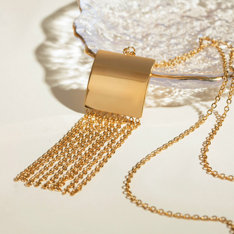 J&D 18K Gold Plated Stainless Steel Fine Chain With Smooth Gold Tassel Pendant Necklace, 50+5cm - Image 2