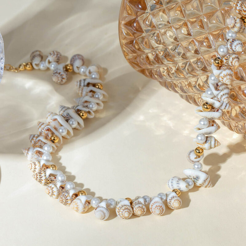 J&D 18K Gold Plated Stainless Steel Full Strand Small Conch Pearl Steel Bead Necklace, 38cm+5cm - Image 2