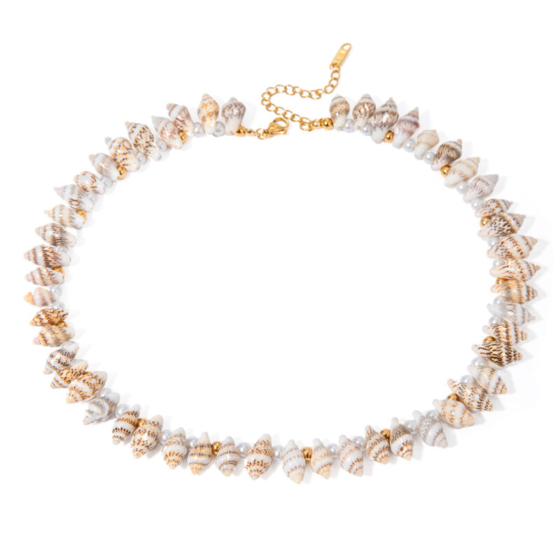 J&D 18K Gold Plated Stainless Steel Full Strand Small Conch Pearl Steel Bead Necklace, 38cm+5cm