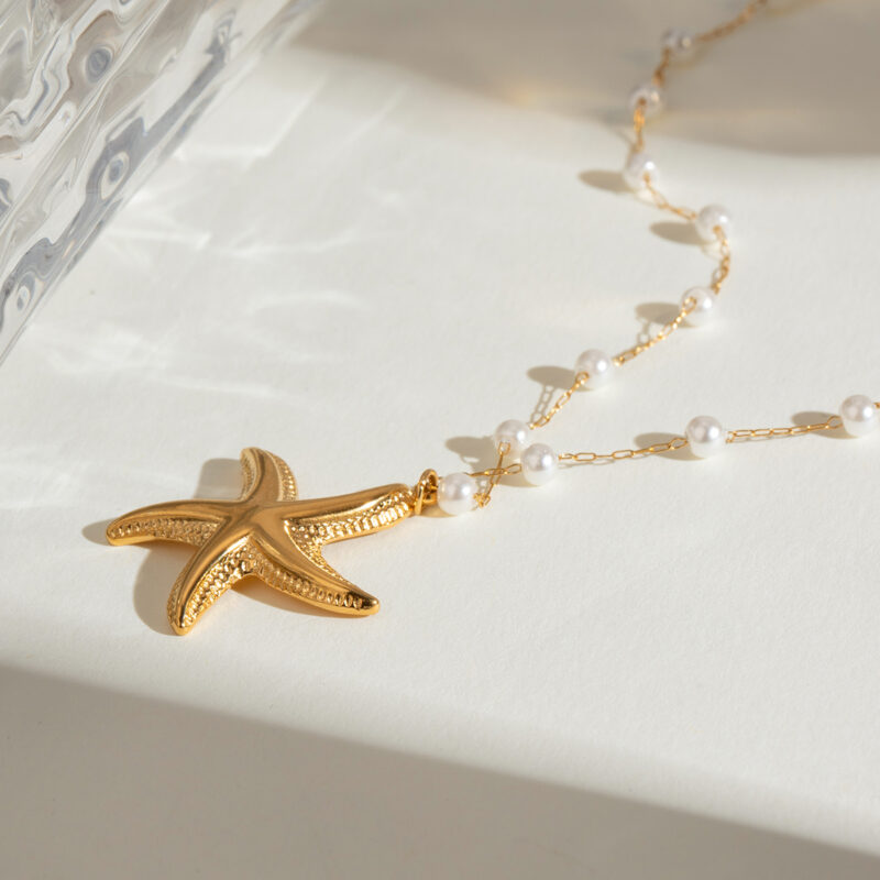 J&D 18k Gold Stainless Steel Pearl Hammered Seashell Starfish Ocean-Themed Necklace 40+5cm Adjustable Chain - Image 3