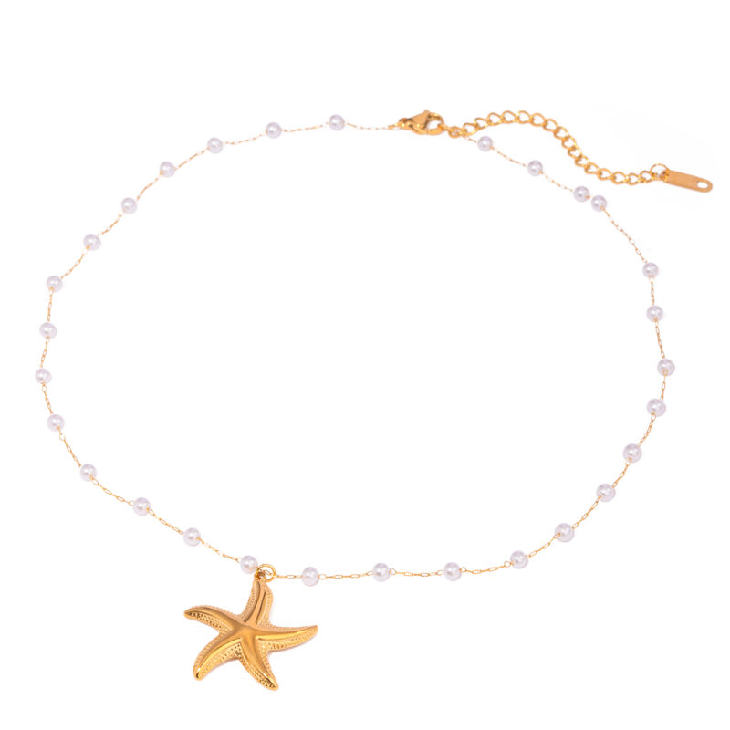 J&D 18k Gold Stainless Steel Pearl Hammered Seashell Starfish Ocean-Themed Necklace 40+5cm Adjustable Chain